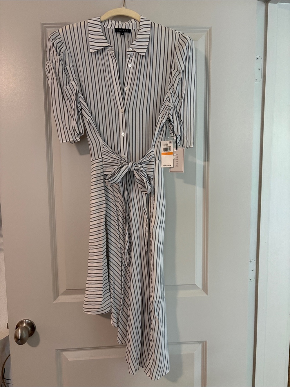 1. STATE White and Blue Striped High-Low Dress with Tie Waist